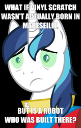 Size: 900x1411 | Tagged: safe, dj pon-3, shining armor, vinyl scratch, pony, robot, unicorn, conspiracy shining armor, daft punk, exploitable meme, france, meme