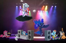 Size: 850x554 | Tagged: safe, artist:wingdune41, cloudchaser, dj pon-3, octavia melody, pinkie pie, princess luna, rainbow dash, rarity, vinyl scratch, alicorn, earth pony, pegasus, pony, unicorn, cello, drums, flying v, guitar, lighting, microphone, musical instrument, stage, turntable