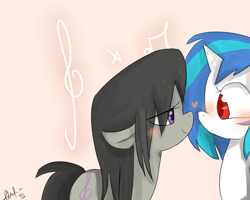 Size: 1000x800 | Tagged: safe, artist:hakubaka, dj pon-3, octavia melody, vinyl scratch, earth pony, pony, unicorn, bedroom eyes, blushing, female, heart, lesbian, scratchtavia, shipping, wet mane