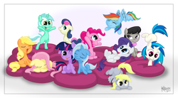 Size: 2737x1515 | Tagged: safe, artist:killryde, applejack, bon bon, derpy hooves, dj pon-3, fluttershy, lyra heartstrings, octavia melody, pinkie pie, rainbow dash, rarity, sweetie drops, trixie, twilight sparkle, vinyl scratch, earth pony, pegasus, pony, unicorn, background six, female, filly, lesbian, shipping, twixie