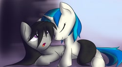 Size: 1960x1080 | Tagged: safe, artist:dshou, dj pon-3, octavia melody, vinyl scratch, earth pony, pony, unicorn, :o, duo, eyes closed, female, lesbian, looking up, mare, open mouth, scratchtavia, shipping