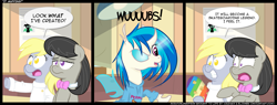 Size: 1875x712 | Tagged: safe, artist:eljonek, artist:epulson, derpy hooves, dj pon-3, octavia melody, vinyl scratch, changeling, earth pony, pegasus, pony, unicorn, comic, female, mare, no pupils, science, what has science done, wub