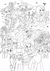 Size: 2472x3496 | Tagged: safe, artist:fimoman, apple bloom, applejack, dj pon-3, doctor whooves, fancypants, fluttershy, pinkie pie, princess celestia, princess luna, rainbow dash, rarity, twilight sparkle, vinyl scratch, alicorn, earth pony, pegasus, pony, unicorn, army, crowd, elements of harmony, epic, everypony, high res, lineart, monochrome, wonderbolts