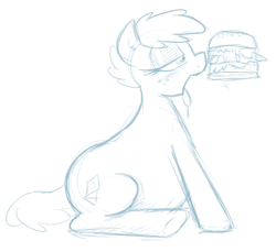 Size: 535x489 | Tagged: safe, artist:shoutingisfun, belly, burger, cheeseburger, eating, fat, monochrome, solo, stuffing, the greasy slut