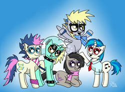 Size: 3216x2384 | Tagged: safe, artist:jay muniz, bon bon, derpy hooves, dj pon-3, lyra heartstrings, octavia melody, sweetie drops, vinyl scratch, earth pony, pony, unicorn, high res, nerd, teenager, younger