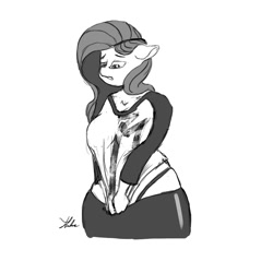 Size: 900x900 | Tagged: safe, artist:xenstroke, fluttershy, anthro, bad anatomy, big breasts, breasts, fat, female, monochrome, solo, tight clothing