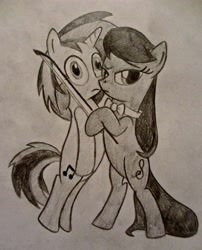 Size: 3000x3705 | Tagged: safe, artist:likethewind9, dj pon-3, octavia melody, vinyl scratch, earth pony, pony, unicorn, female, high res, lesbian, monochrome, scratchtavia, shipping, traditional art