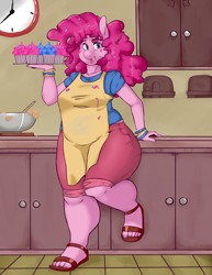 Size: 1280x1661 | Tagged: safe, artist:slipe, pinkie pie, anthro, plantigrade anthro, apron, chubby, clothes, cupcake, fat, feet, sandals, solo, toes