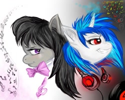 Size: 1280x1024 | Tagged: safe, artist:cruelseptember, dj pon-3, octavia melody, vinyl scratch, earth pony, pony, unicorn, blushing, bowtie, grin, headphones, music, neon, red eyes