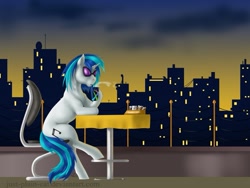 Size: 1025x769 | Tagged: safe, artist:just-plain-cat, dj pon-3, vinyl scratch, pony, unicorn, city, solo