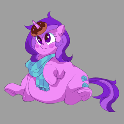 Size: 1500x1500 | Tagged: safe, artist:mellowhen, amethyst star, sparkler, unicorn, adorafatty, belly, blushing, chubby, clothes, cute, donut, fat, female, gray background, mare, raised hoof, scarf, simple background, solo, underhoof