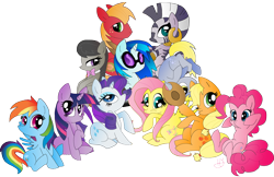 Size: 1168x759 | Tagged: safe, artist:lunardawn, applejack, big macintosh, derpy hooves, dj pon-3, fluttershy, octavia melody, pinkie pie, rainbow dash, rarity, twilight sparkle, vinyl scratch, zecora, earth pony, pegasus, pony, unicorn, zebra, chibi, male, mane six, simple background, stallion