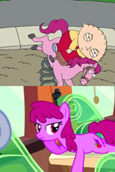 Size: 512x768 | Tagged: safe, edit, screencap, berry punch, berryshine, just for sidekicks, chubby, comparison, cropped, family guy, fat, playground, rocking horse, stewie griffin