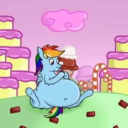 Size: 1150x1150 | Tagged: safe, artist:dullpoint, rainbow dash, pegasus, pony, belly, belly button, cake, candy, candy cane, fat, ice cream, ice cream cone, solo, stomach noise