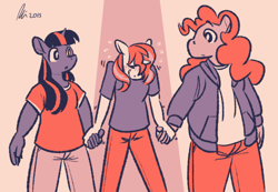 Size: 500x346 | Tagged: safe, artist:rwl, pinkie pie, sunset shimmer, twilight sparkle, anthro, awkward, chubby, fat, female, group sex, holding hands, lesbian, limited palette, ot3, polyamory, shipping, size difference, sunlightpie, sunsetpie, sunsetsparkle, sweat, threesome, twinkie