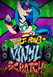 Size: 1034x1500 | Tagged: safe, dj pon-3, vinyl scratch, pony, unicorn, female, glasses, graffiti, mare, solo, two toned mane, white coat