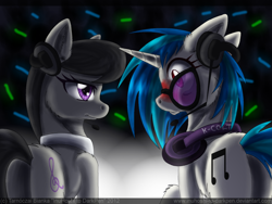 Size: 900x675 | Tagged: safe, artist:inuhoshi-to-darkpen, dj pon-3, octavia melody, vinyl scratch, earth pony, pony, unicorn, blushing, female, lesbian, scratchtavia, shipping