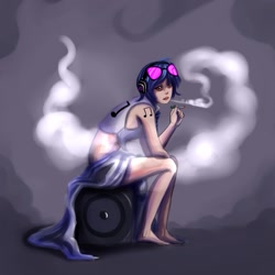 Size: 1275x1275 | Tagged: safe, artist:ninjaham, dj pon-3, vinyl scratch, human, barefoot, clothes, feet, female, humanized, smoking, solo