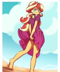 Size: 1500x1800 | Tagged: safe, artist:rockset, sunset shimmer, equestria girls, barefoot, beach, clothes, dress, feet, heel pop