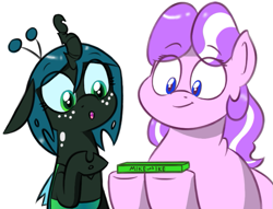 Size: 761x580 | Tagged: safe, artist:syggie, diamond tiara, queen chrysalis, changeling, changeling queen, nymph, ask chubby diamond, ask the changeling princess, chubby, cute, cutealis, diamondbetes, fat, female, filly, filly queen chrysalis, foal, mike and ikes, princess chrysalis, simple background, style emulation, white background, younger