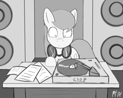 Size: 2000x1600 | Tagged: safe, artist:mostlyponyart, octavia melody, earth pony, pony, female, glasses, mare, monochrome, paper, raised hoof, record, signature, speakers, table, text, wide eyes