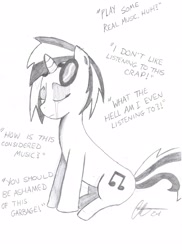 Size: 2550x3510 | Tagged: safe, artist:missmayaleanne, dj pon-3, vinyl scratch, pony, unicorn, crying, disembodied thoughts, high res, monochrome, sad, traditional art