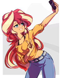 Size: 1600x2000 | Tagged: safe, artist:rockset, sunset shimmer, equestria girls, abstract background, clothes, cute, female, peace sign, pixiv, selfie, shimmerbetes, smiling, solo