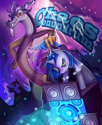 Size: 900x1100 | Tagged: safe, artist:pmo0908, discord, dj pon-3, vinyl scratch, pony, unicorn, bass cannon, crying