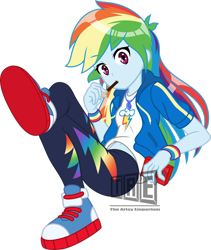 Size: 2251x2665 | Tagged: safe, artist:rockset, artist:theartsyemporium, rainbow dash, equestria girls, armband, belly button, clothes, converse, crossed legs, female, food, jacket, looking at you, pocky, shoes, simple background, solo, transparent background