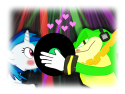 Size: 960x720 | Tagged: source needed, useless source url, safe, artist:kaiamurosesei, dj pon-3, vinyl scratch, pony, unicorn, crossover, crossover shipping, female, interspecies, kissing, male, shipping, sonic the hedgehog (series), straight, vector the crocodile, vectorvinyl