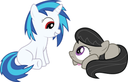 Size: 900x577 | Tagged: safe, dj pon-3, octavia melody, vinyl scratch, earth pony, pony, unicorn, blank flank, bowtie, eye contact, female, filly, foal, frown, grin, hooves, horn, lying down, prone, simple background, sitting, smiling, squee, teeth, transparent background, vector, younger