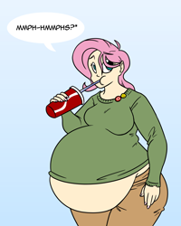 Size: 1000x1250 | Tagged: dead source, safe, artist:bigponiesinc, fluttershy, human, ask feedee twilight, bbw, belly, fat, fattershy, humanized, muffin top