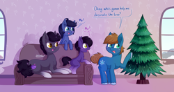 Size: 4800x2560 | Tagged: safe, artist:dsp2003, oc, oc only, oc:chillycube, oc:skirty, earth pony, pony, 2016, absurd resolution, christmas tree, commission, female, foal, male, open mouth, tree