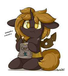 Size: 1567x1744 | Tagged: safe, artist:dsp2003, oc, oc only, oc:chips, changeling, changeling queen, 2016, bipedal, blushing, brown changeling, changeling oc, changeling queen oc, chibi, chips, cute, eating, female, food, lifeloser-ish, simple background, solo, style emulation, transparent background