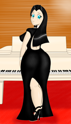 Size: 4000x7000 | Tagged: safe, artist:thepianistmare, oc, oc only, oc:klavinova, human, ass, black hair, blue eyes, chubby, clothes, curvy, dress, fat, gala dress, humanized, iphone wallpaper, large butt, phone wallpaper, piano, plump, solo, the ass was fat