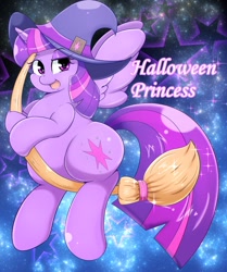 Size: 1023x1221 | Tagged: safe, artist:braffy, twilight sparkle, twilight sparkle (alicorn), alicorn, pony, broom, chubby, fat, female, flying, flying broomstick, halloween, hat, looking at you, looking back, mare, open mouth, princess twilard, smiling, solo, spread wings, stars, twilard sparkle, witch, witch hat