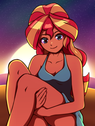 Size: 1800x2400 | Tagged: safe, artist:rockset, sunset shimmer, equestria girls, breasts, cleavage, clothes, female, legs, looking at you, smiling, solo, sunset