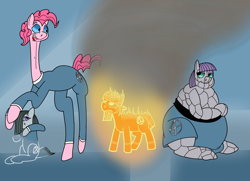 Size: 1564x1131 | Tagged: safe, artist:monterrang, limestone pie, marble pie, maud pie, pinkie pie, earth pony, pony, angry, crossover, fantastic four, fat, female, human torch, invisible woman, mare, maud pudge, mr. fantastic, parody, pie sisters, the thing (marvel), tumblr:ask fat maud pie