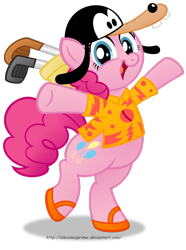 Size: 1024x1375 | Tagged: safe, artist:aleximusprime, pinkie pie, earth pony, pony, aladdin, bipedal, chubby, clothes, crossover, cute, diapinkes, disney, fat, golf club, goofy, hawaiian shirt, pudgy pie, sandals, simple background, solo, transparent background