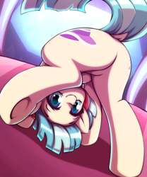 Size: 2500x3000 | Tagged: safe, artist:rockset, coco pommel, earth pony, pony, butt, clothes, cocobetes, cute, cutie mark, dock, face down ass up, featureless crotch, female, flexible, hatbutt, looking at you, looking back, looking back at you, looking between legs, mare, plot, rear view, smiling, solo, underhoof, upside down