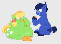 Size: 1958x1397 | Tagged: safe, artist:mellowhen, oc, oc only, oc:blazewing, oc:bric-a-brac, pegasus, pony, belly, candy, candy corn, chubby, couple, fat, food, mallow pumpkins, pumpkin