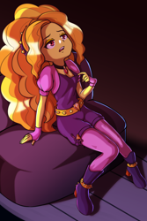 Size: 1000x1500 | Tagged: safe, artist:rockset, adagio dazzle, human, equestria girls, rainbow rocks, boots, breasts, clothes, delicious flat chest, female, flatdagio dazzle, gem, looking up, open mouth, shoes, siren gem, sitting, solo