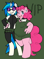 Size: 2124x2845 | Tagged: safe, artist:collaredginger, dj pon-3, pinkie pie, vinyl scratch, anthro, unguligrade anthro, chubby, clothes, fat, female, lesbian, shipping, vinylpie