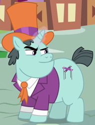 Size: 382x499 | Tagged: safe, screencap, pony, unicorn, inspiration manifestation, claude, clothes, cropped, fat, hat, male, solo, stallion, suit, top hat