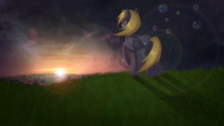 Size: 1920x1080 | Tagged: safe, artist:rizcifra, derpy hooves, pegasus, pony, bubble, epic derpy, female, lens flare, mare, ponyville, rain, raised hoof, scenery, solo, sunset, wallpaper, windswept mane