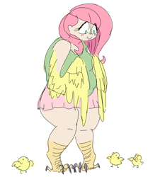 Size: 1280x1417 | Tagged: safe, artist:nobody, fluttershy, chicken, human, chick, clothes, fat, harpy, humanized, sketch, solo, species swap, sweater, sweatershy