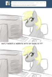 Size: 800x1174 | Tagged: safe, artist:feather, derpy hooves, pegasus, pony, ask, chair, comic, computer, derpibooru, derpy hooves tech support, female, mare, mousepad, office chair, simple background, sitting, solo, tumblr, white background, wings