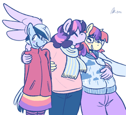 Size: 1280x1163 | Tagged: safe, artist:rwl, minuette, moondancer, twilight sparkle, twilight sparkle (alicorn), anthro, blushing, chubby, clothes, fat, female, height difference, holding hands, kissing, lesbian, moonblubber, moonuette, ot3, polyamory, shipping, twidancer, twigate, twilard sparkle, twilight sparkle gets all the mares, twinudancer, twinuette, wingboner