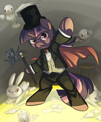 Size: 800x967 | Tagged: safe, artist:php27, derpy hooves, twilight sparkle, dove, pegasus, pony, rabbit, semi-anthro, cape, card, clothes, female, magician, mare, moustache, top hat