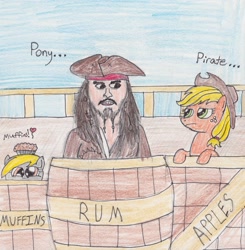 Size: 2457x2511 | Tagged: safe, artist:darkknightwolf2011, applejack, derpy hooves, earth pony, human, pegasus, pony, barrel, crossover, female, high res, jack sparrow, male, mare, pirates of the caribbean, traditional art